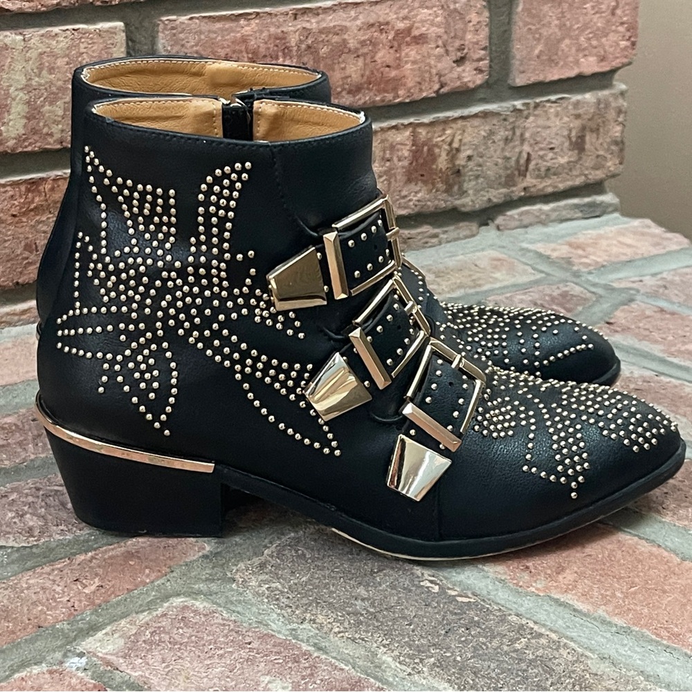 Gold Studded Black Ankle Boots Genuine Leather Sz 35 Euro | 4.5-5 US